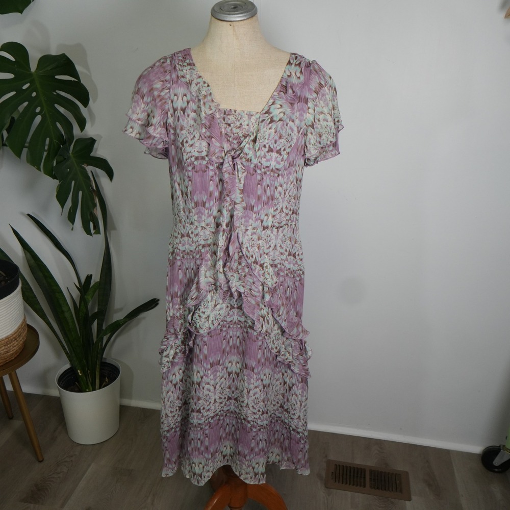 Sundance Silk Midi Dress Womens 6 Purple Floral Ruffle Boho Romantic Chiffon